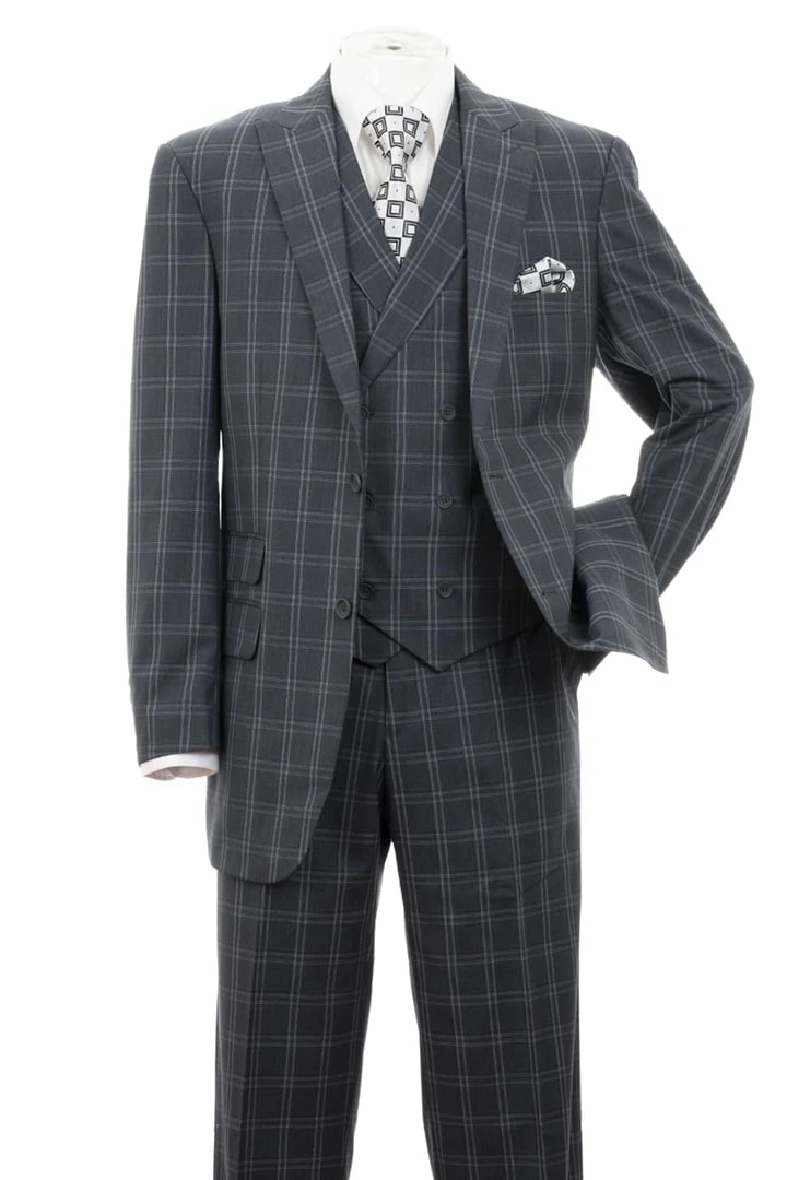 Cheap Priced Suit- Mens 2 Button Double Breasted Vest Suit In Grey Windopane Plaid - 38 Short Jacket+32 Waist Adjustable 28to34)(Height: 5 4 to5 7 )(Neck  15-16.5)S-M)
