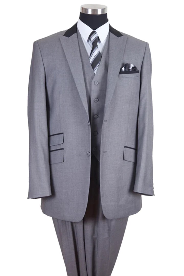 Cheap Priced Suit - Mens 2 Button Vested Peak Lapel Contrast Collar Grey And Black Suit - 38 Short Jacket+32 Waist Adjustable 28to34)(Height: 5 4 to5 7 )(Neck  15-16.5)S-M)