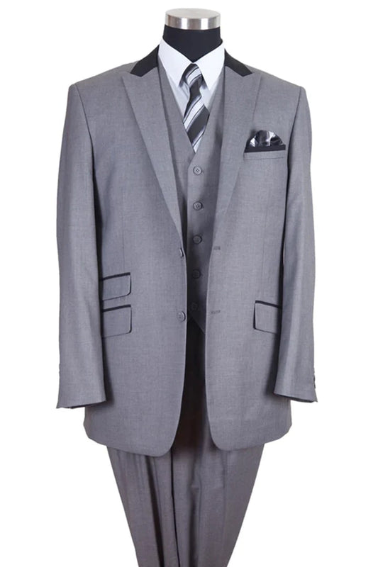 Cheap Suit - Mens 2 Button Vested Peak Lapel Contrast Collar Grey And Black Suit