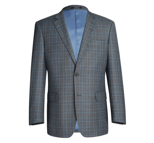 Cheap Priced Suit  - Mens Two Button Classic Fit Two Piece Suit In Grey & Blue Windowpane Plaid