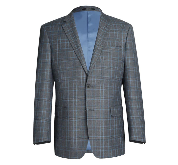 Cheap Priced Suit  - Mens Two Button Classic Fit Two Piece Suit In Grey & Blue Windowpane Plaid - 38 Short Jacket+32 Waist Adjustable 28to34)(Height: 5 4 to5 7 )(Neck  15-16.5)S-M)