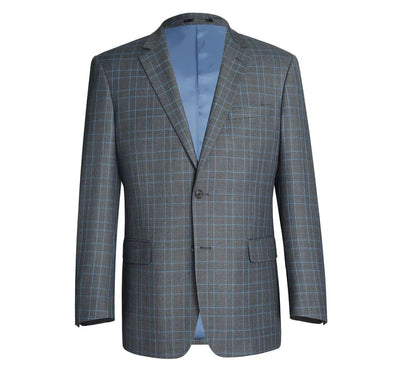 Cheap Priced Suit  - Mens Two Button Classic Fit Two Piece Suit In Grey & Blue Windowpane Plaid