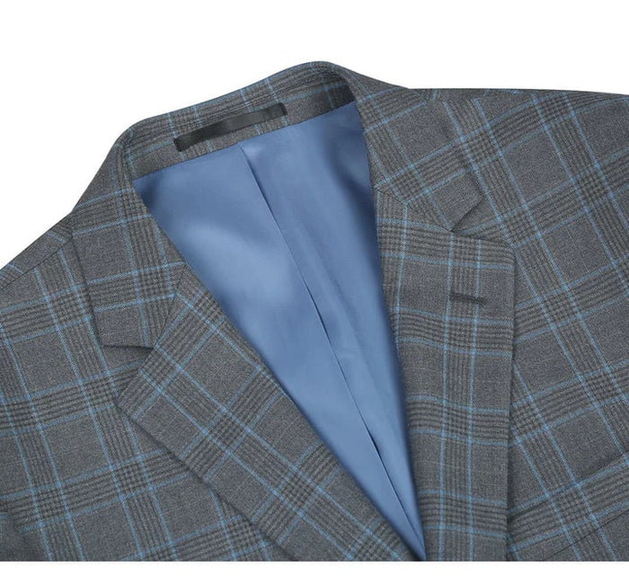 Cheap Priced Suit  - Mens Two Button Classic Fit Two Piece Suit In Grey & Blue Windowpane Plaid