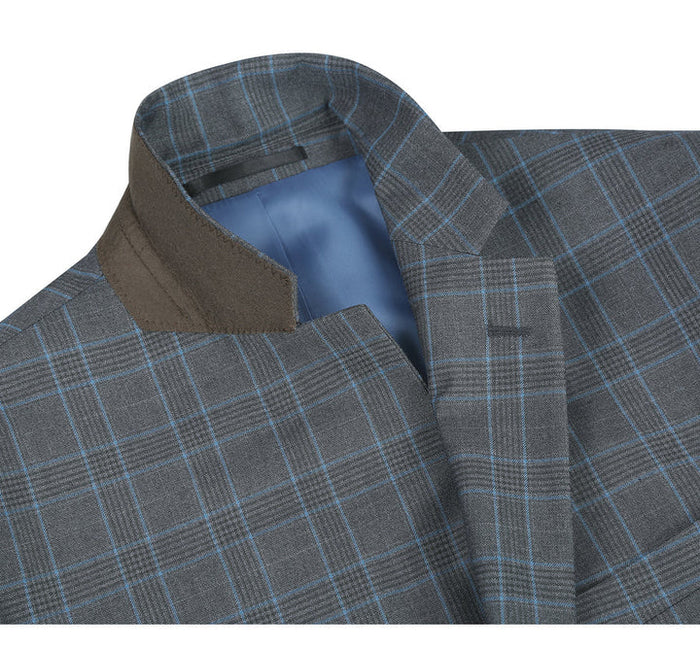 Cheap Priced Suit  - Mens Two Button Classic Fit Two Piece Suit In Grey & Blue Windowpane Plaid