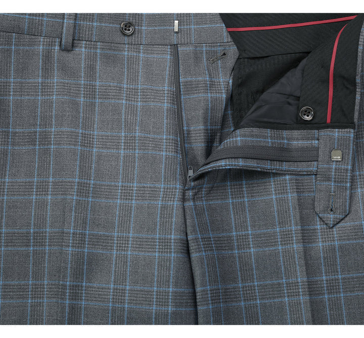 Cheap Priced Suit  - Mens Two Button Classic Fit Two Piece Suit In Grey & Blue Windowpane Plaid - 38 Short Jacket+32 Waist Adjustable 28to34)(Height: 5 4 to5 7 )(Neck  15-16.5)S-M)