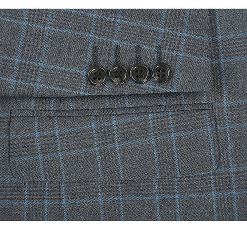 Cheap Priced Suit  - Mens Two Button Classic Fit Two Piece Suit In Grey & Blue Windowpane Plaid