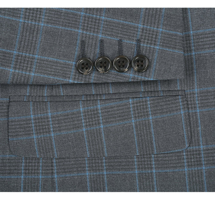 Cheap Priced Suit  - Mens Two Button Classic Fit Two Piece Suit In Grey & Blue Windowpane Plaid