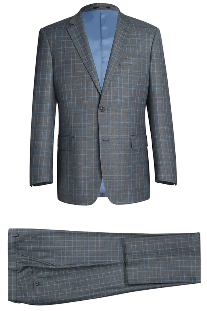 Cheap Priced Suit  - Mens Two Button Classic Fit Two Piece Suit In Grey & Blue Windowpane Plaid - 38 Short Jacket+32 Waist Adjustable 28to34)(Height: 5 4 to5 7 )(Neck  15-16.5)S-M)
