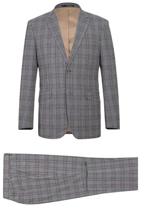 Cheap Suit - Mens Two Button Slim Fit Two Piece Suit In Grey & Bronze Windowpane Plaid Check