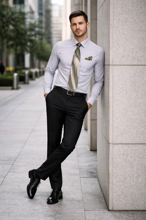 French Cuff + Tie + Handkerchief Men's Dress Shirt With Tie