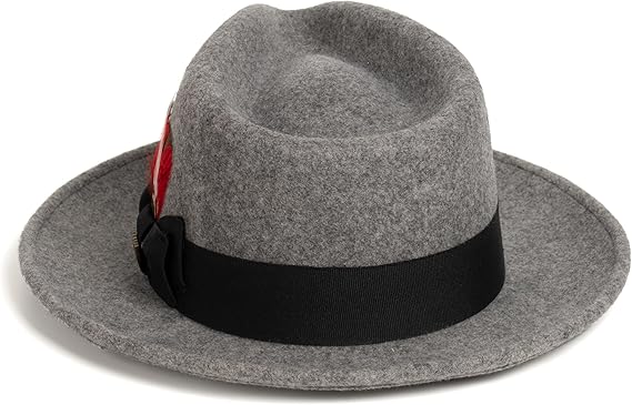 Gangster 100% Australian Wool Crushable Mens Fedora Hat - Removable Feather Gangster  Grey Melange Mens Fedora Hat - Small