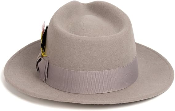 Gangster 100% Australian Wool Crushable Mens Fedora Hat - Removable Feather Gangster  Light Grey Mens Fedora Hat - Small