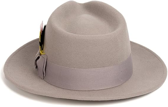 Gangster 100% Austrailian Wool Crushable Mens Fedora Hat - Removable Feather Gangster  Light Grey Mens Fedora Hat