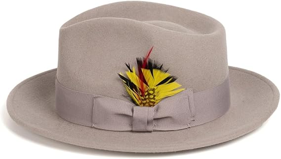 Gangster 100% Australian Wool Crushable Mens Fedora Hat - Removable Feather Gangster  Light Grey Mens Fedora Hat - Small