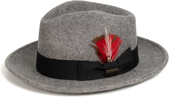 Gangster 100% Australian Wool Crushable Mens Fedora Hat - Removable Feather Gangster  Grey Melange Mens Fedora Hat - Small