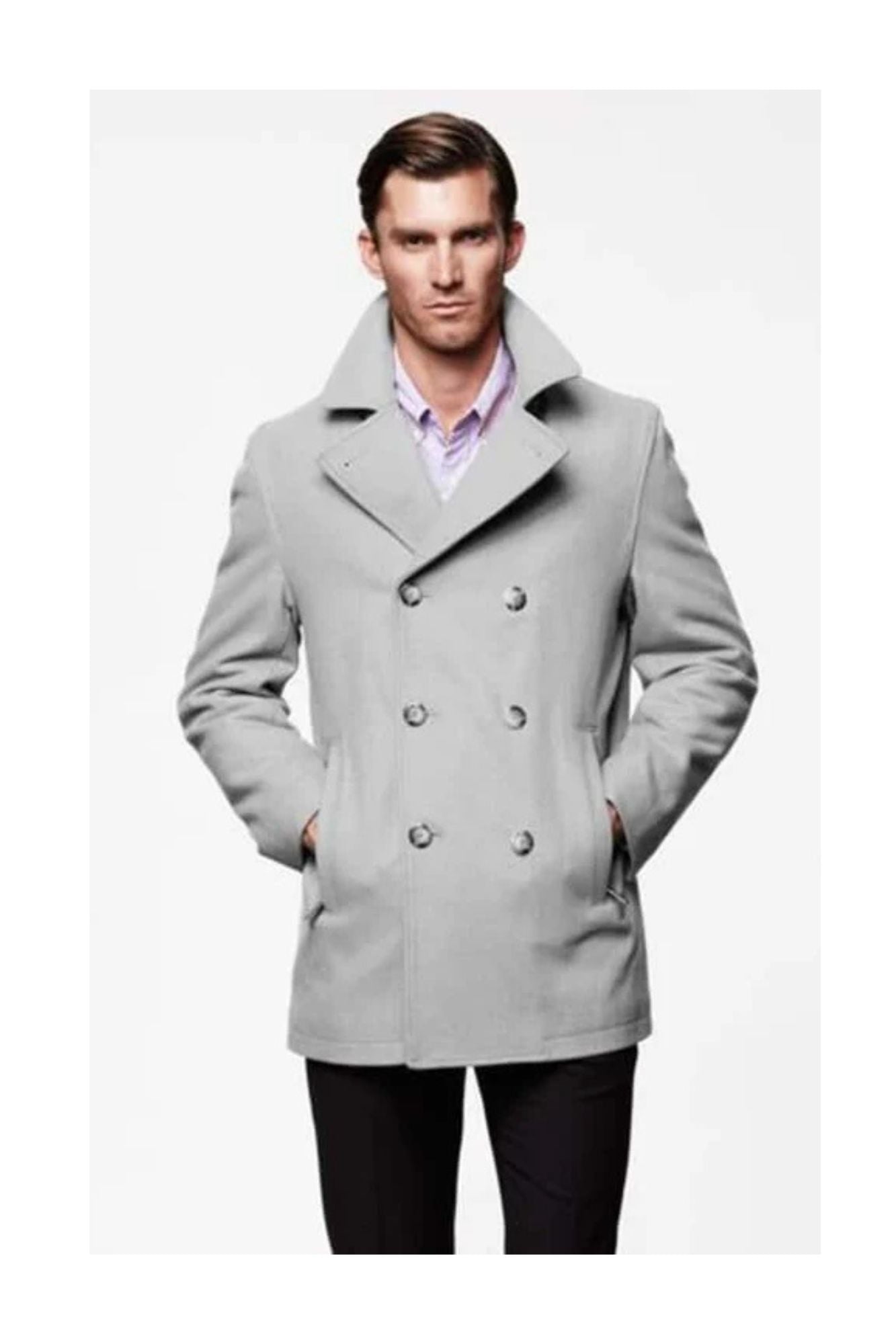 men's Light Grey Six Button Double Breasted Cheap Priced Mens Wool Peacoat Jacket - Coat Size 38