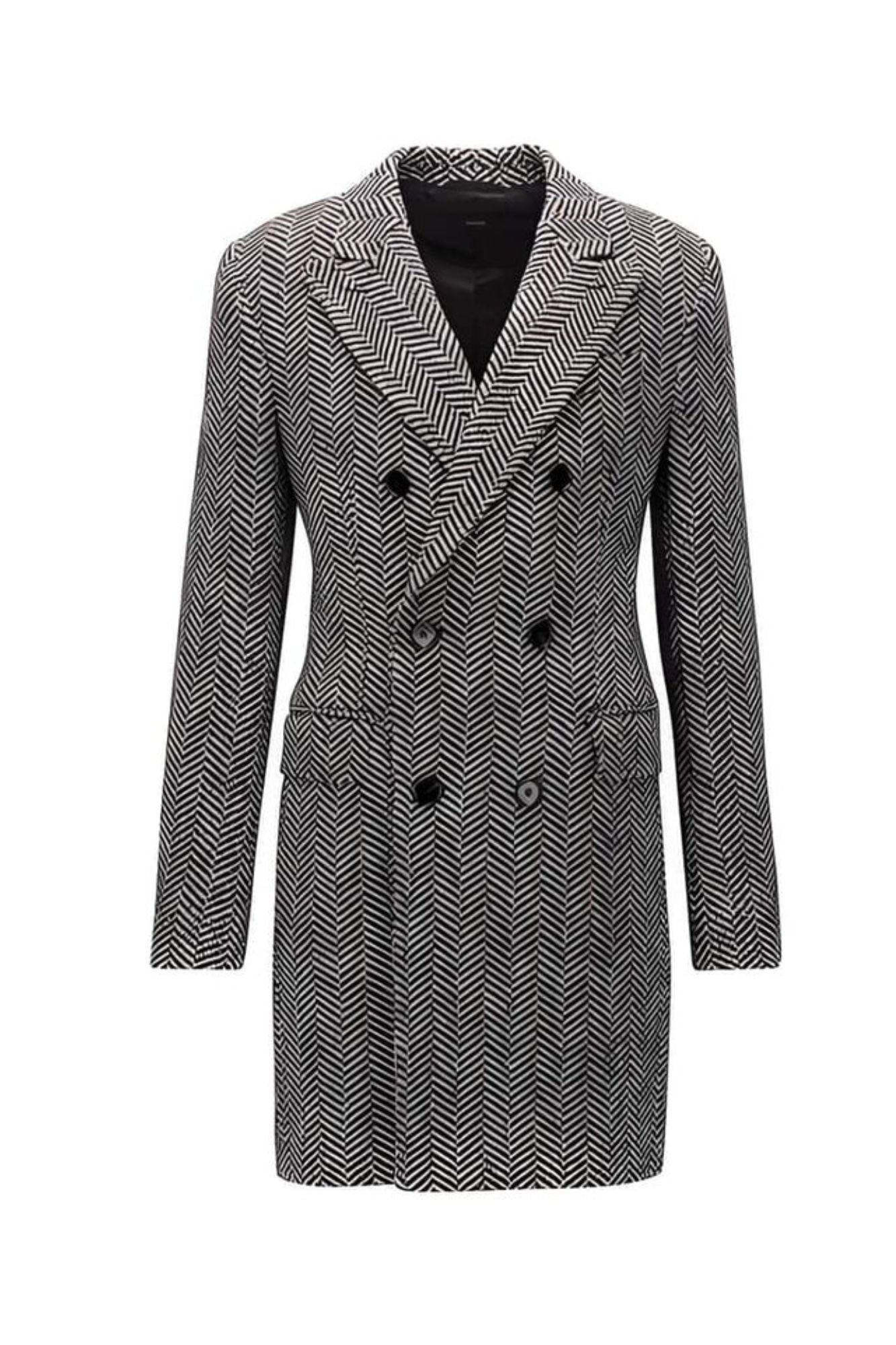 men's Double Breasted Gray Herringbone Tweed Six Button Overcoat - Coat Size 38