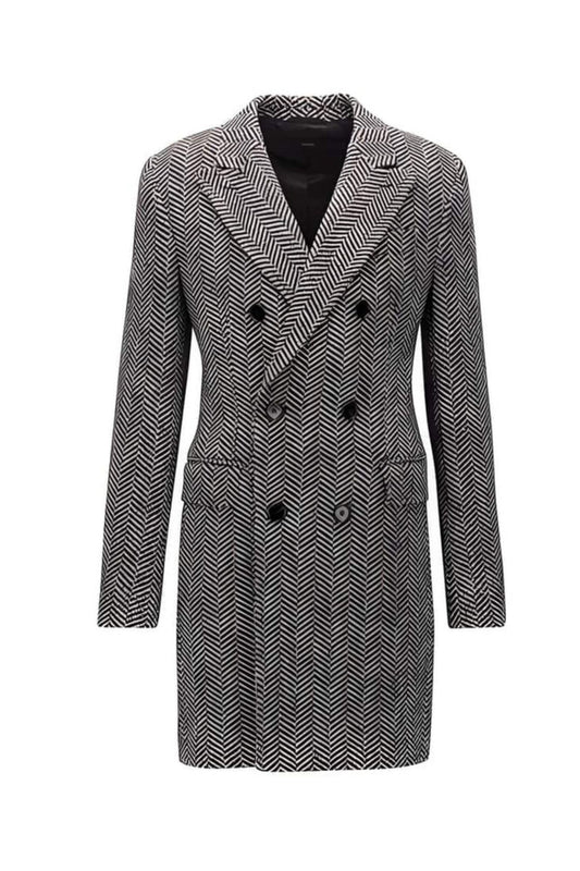 men's Double Breasted Gray Herringbone Tweed Six Button Overcoat