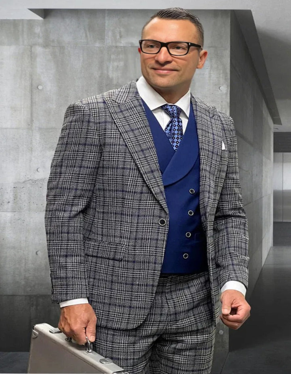 Men's Designer Wool Vested Grey Glen Plaid Suit - 38 Short Jacket+32 Waist Adjustable 28to34)(Height: 5 4 to5 7 )(Neck  15-16.5)S-M)