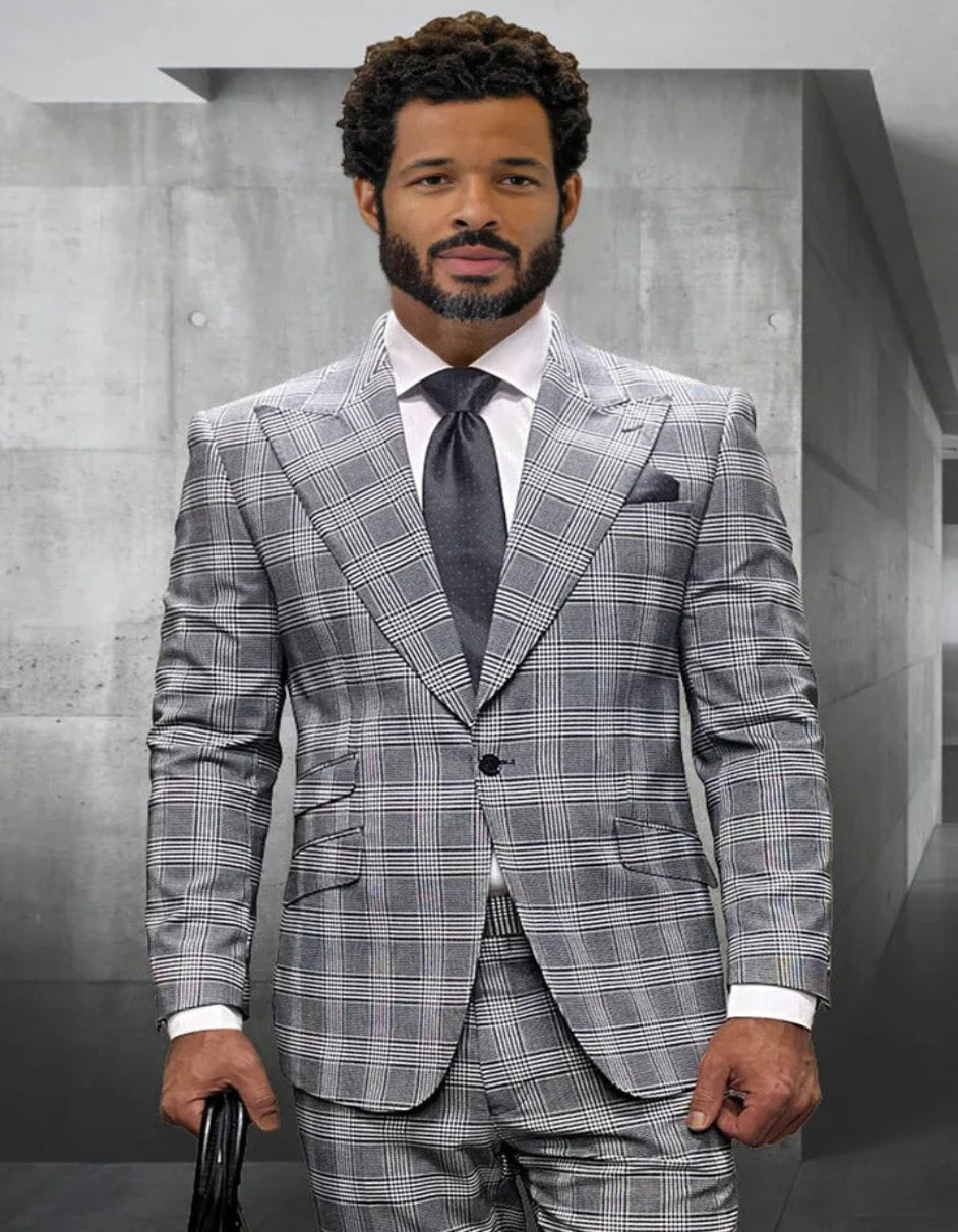 Men's Designer One Button Peak Lapel Wool Grey Windowpane Plaid Suit - 38 Short Jacket+32 Waist Adjustable 28to34)(Height: 5 4 to5 7 )(Neck  15-16.5)S-M)