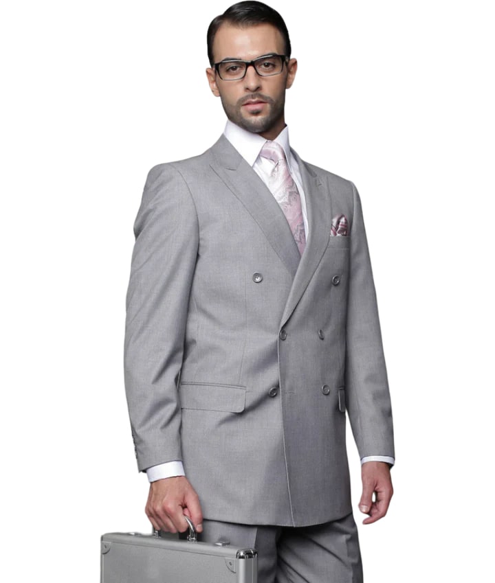 Statement grey men's suit double breasted classic fit 100% wool - 38 Short Jacket+32 Waist Adjustable 28to34)(Height: 5 4 to5 7 )(Neck  15-16.5)S-M)