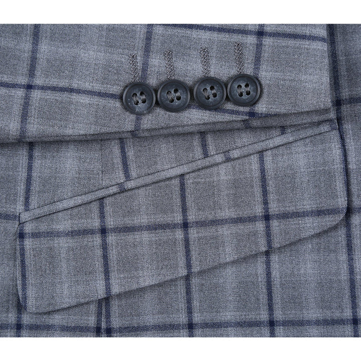 Cheap priced Suit- Mens Two Button Slim Fit Two Piece Hack Pocket Stretch Grey Suit  Windowpane Plaid - 38 Short Jacket+32 Waist Adjustable 28to34)(Height: 5 4 to5 7 )(Neck  15-16.5)S-M)