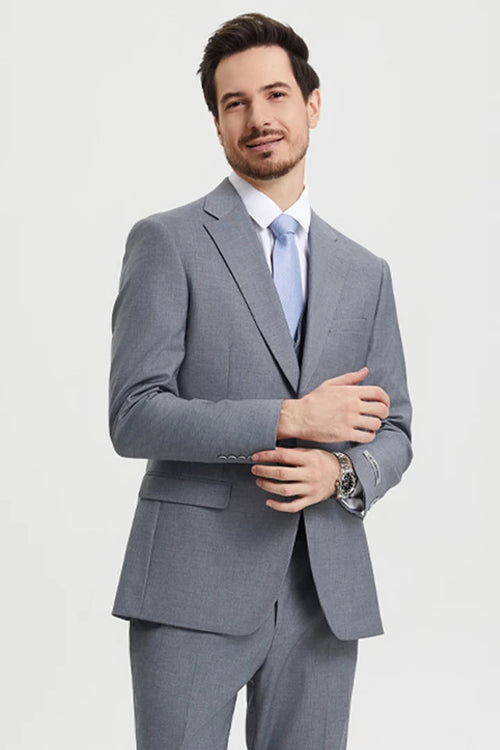 Cheap Priced Suit - Men's Two Button Vested Stacy Adams Basic Designer Sharkskin Grey Suit