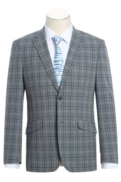 Cheap priced Suit- Mens Two Button Slim Fit Two Piece Hack Pocket Stretch Grey Suit  Windowpane Plaid