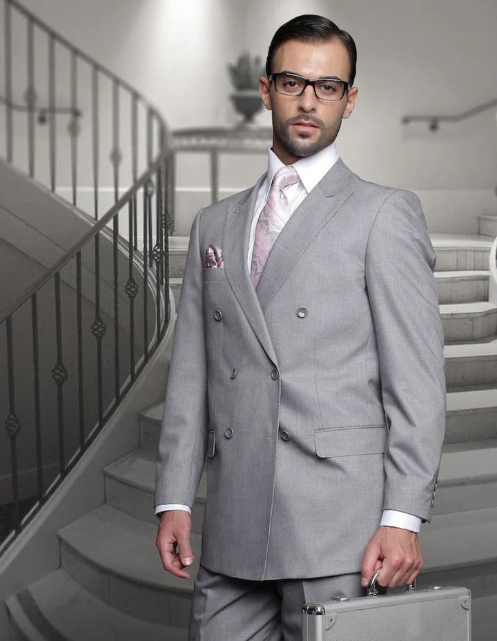 Statement grey men's suit double breasted classic fit 100% wool - 38 Short Jacket+32 Waist Adjustable 28to34)(Height: 5 4 to5 7 )(Neck  15-16.5)S-M)