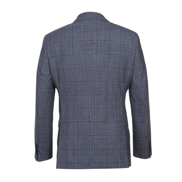 English Laundry Suits  Designer Brand - Wool Silk and Linen Double Breasted Slim Fit Grey and Blue Windowpane Check by English Laundry - Coat Size 38