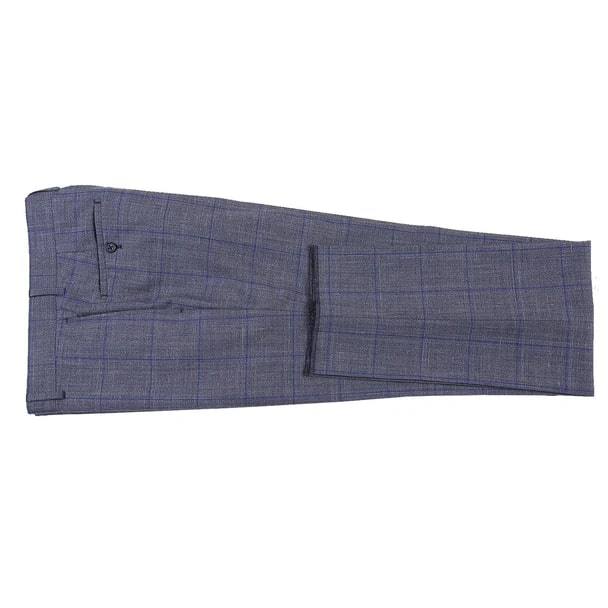 English Laundry Suits  Designer Brand - Wool Silk and Linen Double Breasted Slim Fit Grey and Blue Windowpane Check by English Laundry - Coat Size 38