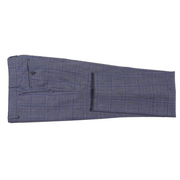 English Laundry Suits  Designer Brand - Wool Silk and Linen Double Breasted Slim Fit Grey and Blue Windowpane Check by English Laundry