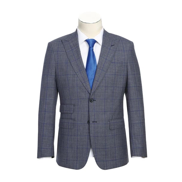 English Laundry Suits  Designer Brand - Wool Silk and Linen Double Breasted Slim Fit Grey and Blue Windowpane Check by English Laundry - Coat Size 38