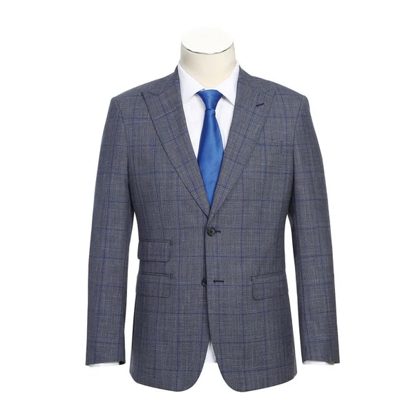 English Laundry Suits  Designer Brand - Wool Silk and Linen Double Breasted Slim Fit Grey and Blue Windowpane Check by English Laundry