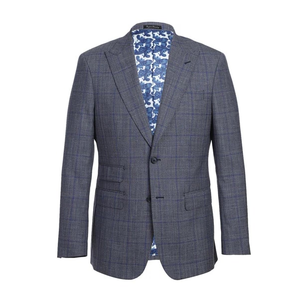 English Laundry Suits  Designer Brand - Wool Silk and Linen Double Breasted Slim Fit Grey and Blue Windowpane Check by English Laundry - Coat Size 38