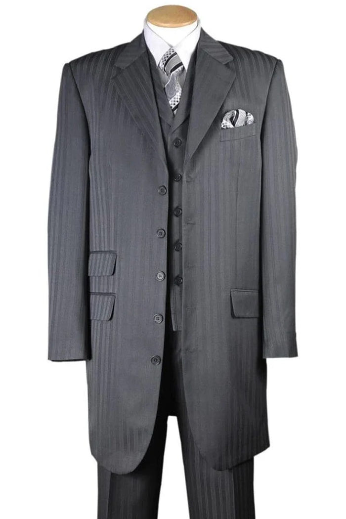 Cheap Priced Suit- Mens Long Fashion Vested Tonal Pinstripe Zoot  Grey Suit