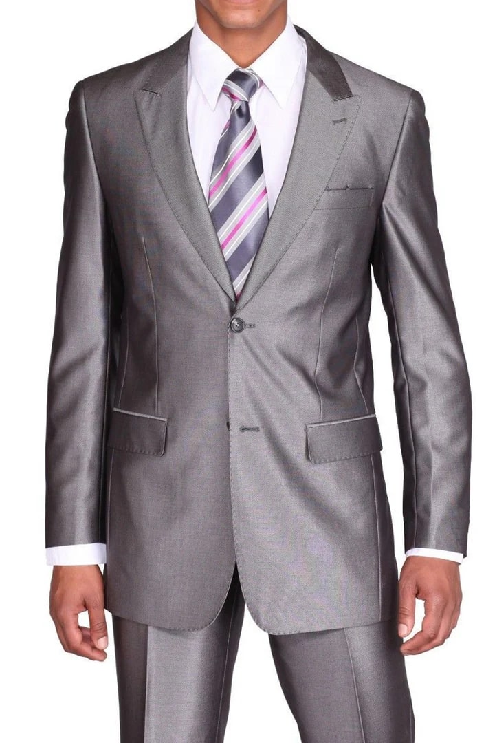 Cheap Priced Suit -Mens 2 Button Slim Fit Peak Lapel Shiny Sharkskin Grey Suit - 38 Short Jacket+32 Waist Adjustable 28to34)(Height: 5 4 to5 7 )(Neck  15-16.5)S-M)