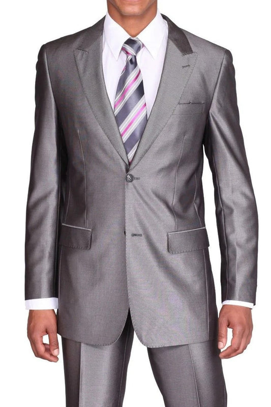 Cheap Suit -Mens 2 Button Slim Fit Peak Lapel Shiny Sharkskin Grey Suit