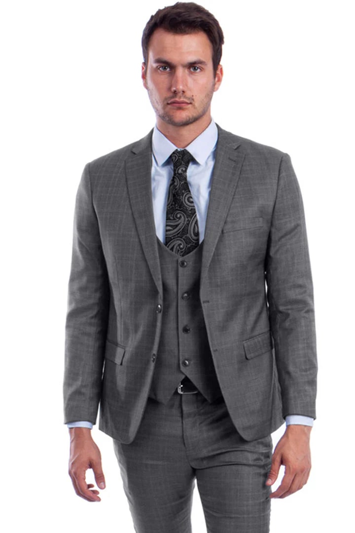 Cheap Suit - Men's Two Button Vested Skinny Fit Suit With Low Cut Vest In Grey Plaid