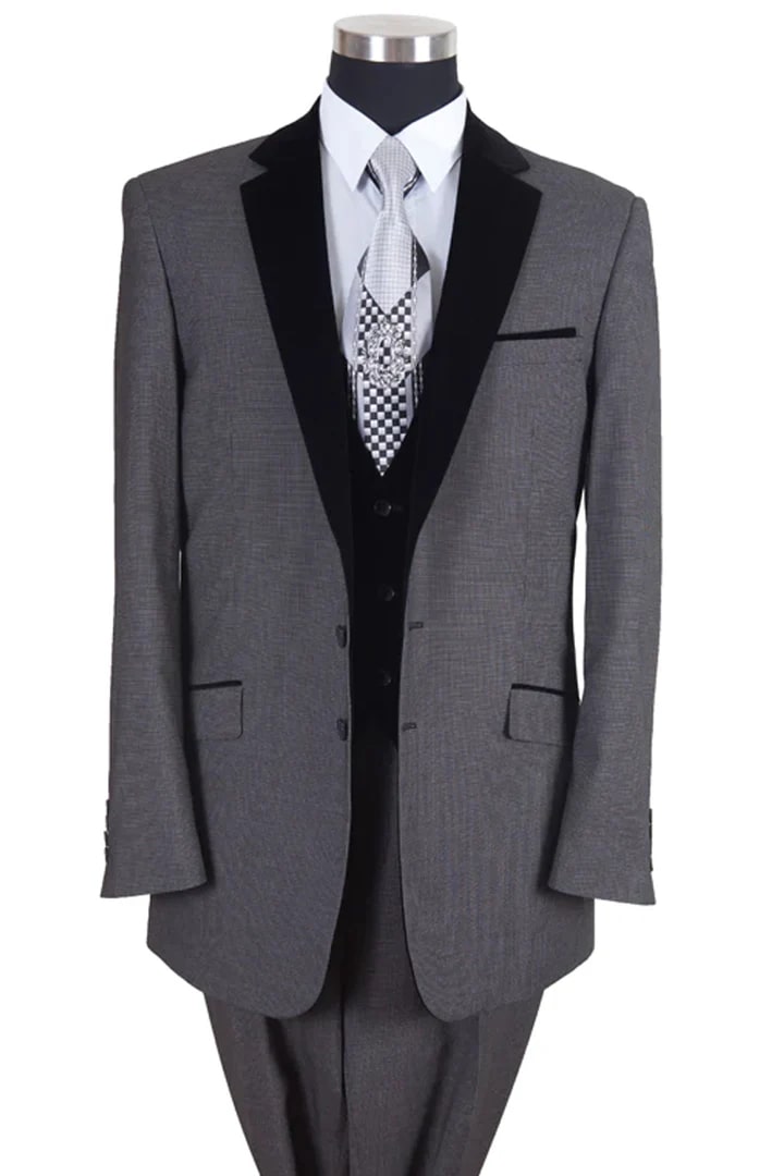 Cheap Priced Suit- Mens Vested Modern Fit Tuxedo Suit Grey With Black Velvet Lapel And Vest - 38 Short Jacket+32 Waist Adjustable 28to34)(Height: 5 4 to5 7 )(Neck  15-16.5)S-M)