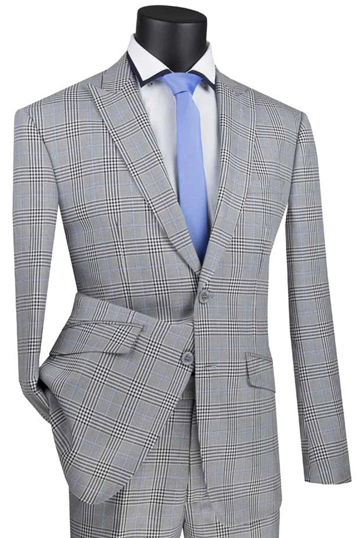 Cheap Priced Suit- Mens 2 Button Modern Fit Peak Lapel Plaid Grey Suit - 38 Short Jacket+32 Waist Adjustable 28to34)(Height: 5 4 to5 7 )(Neck  15-16.5)S-M)