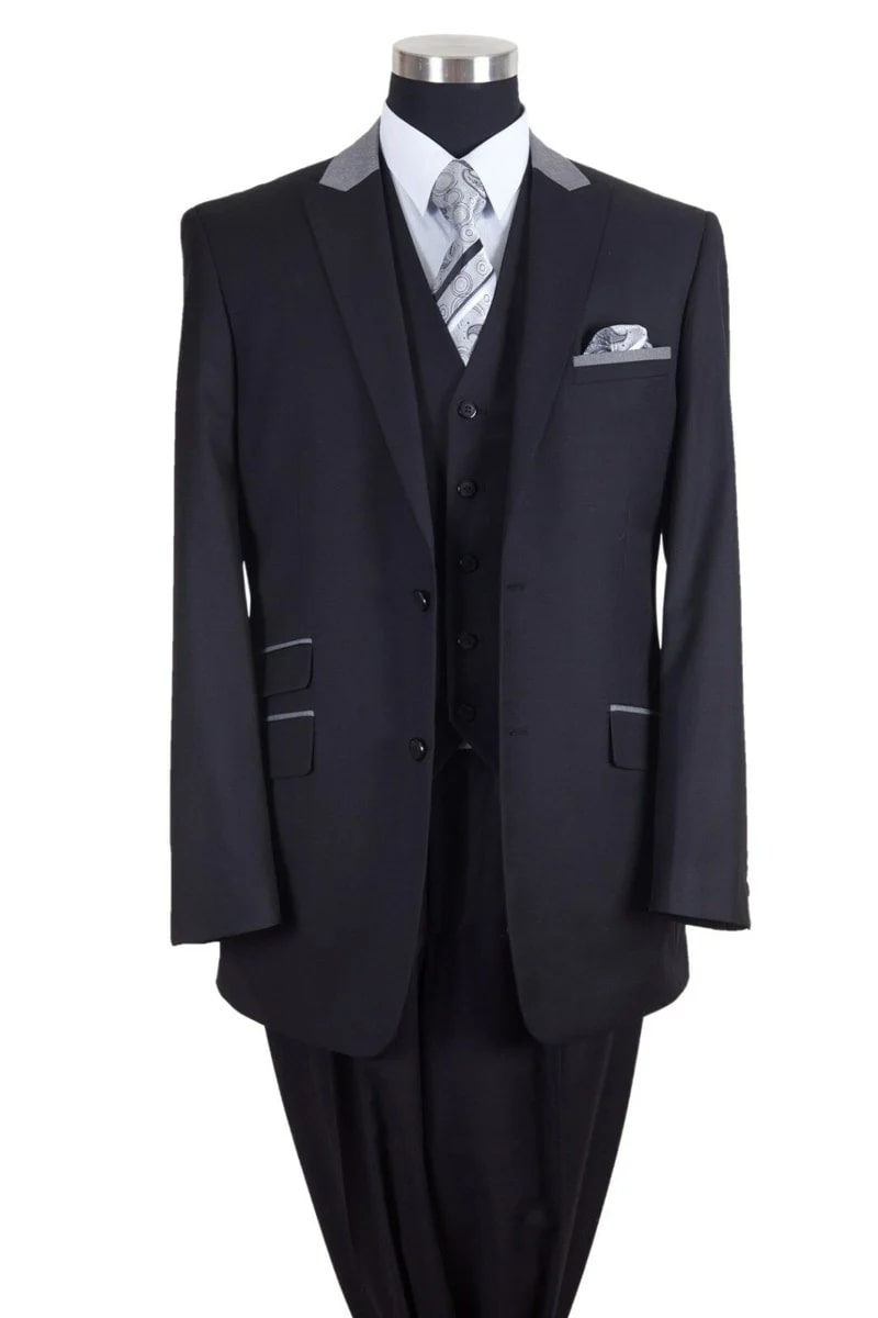 Mens Vested Peak Lapel with Contrast Collar Suit in Black/Grey - 38 Short Jacket+32 Waist Adjustable 28to34)(Height: 5 4 to5 7 )(Neck  15-16.5)S-M)