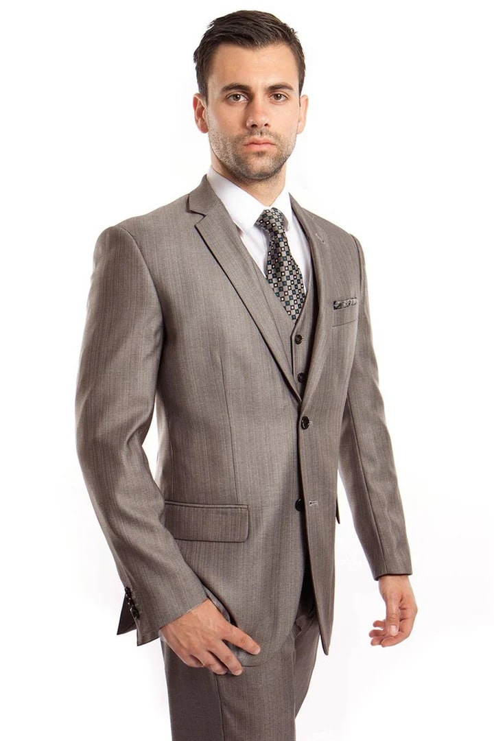 Cheap Suit - Men's Two Button Vested Textured Sharkskin Business Grey Suit