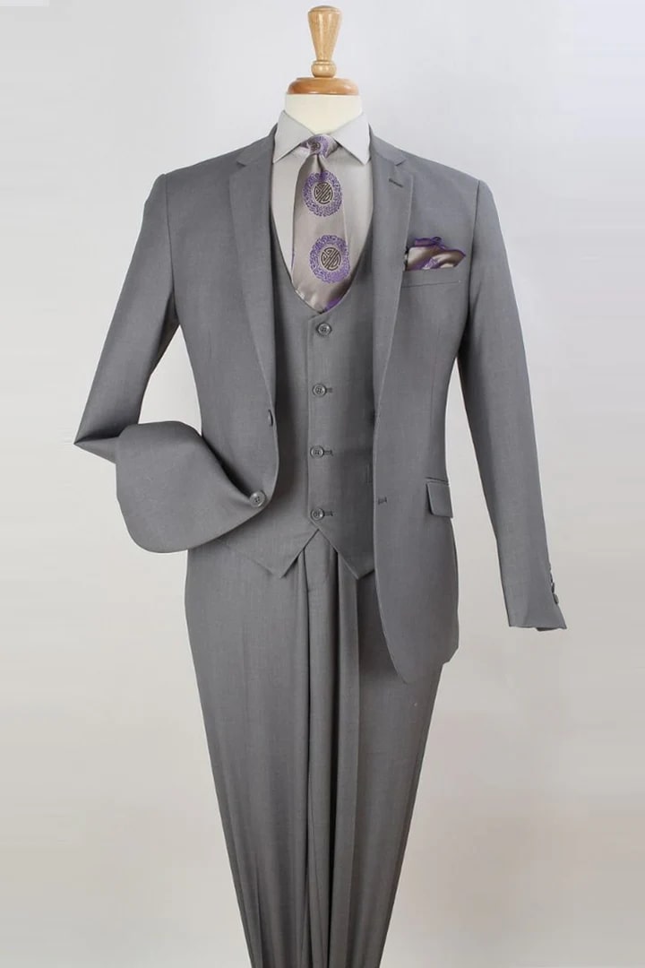 Cheap Priced Suit - Mens Two Button Slim Fit Scoop Vested Grey Suit - 38 Short Jacket+32 Waist Adjustable 28to34)(Height: 5 4 to5 7 )(Neck  15-16.5)S-M)