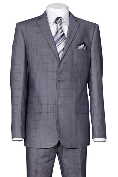 Cheap Priced Suit  - Mens 2 Button Modern Fit Windowpane Plaid Grey Suit