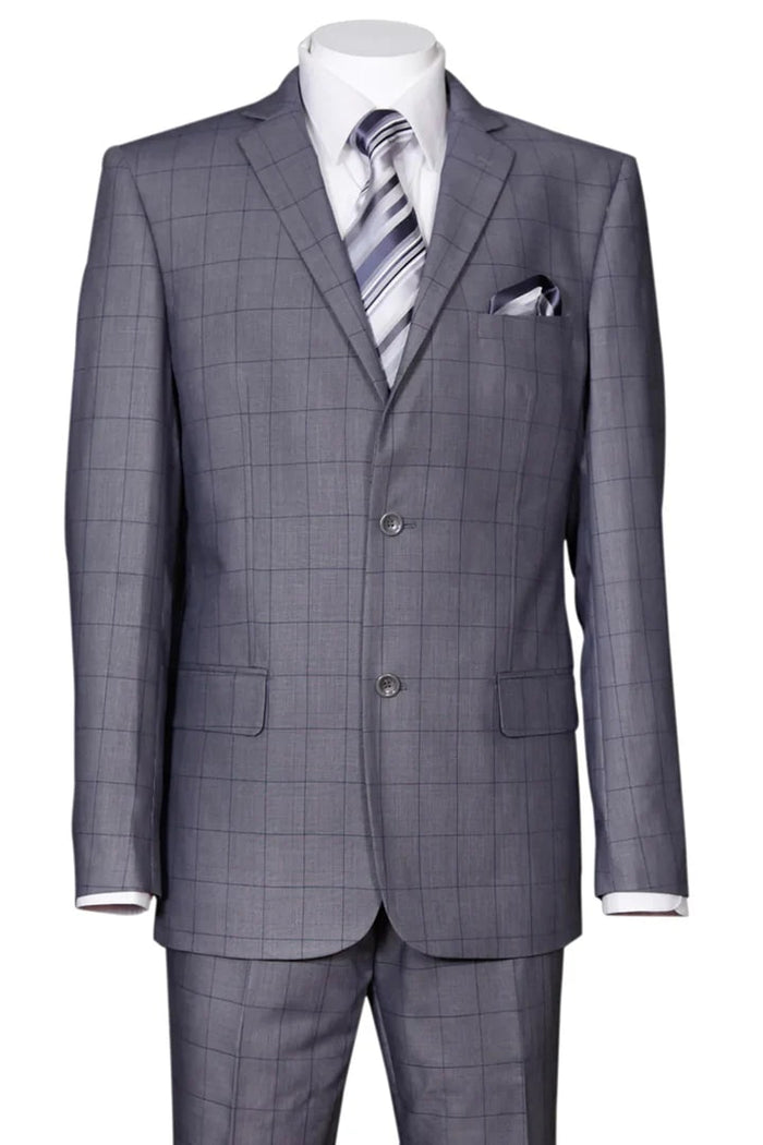 Cheap Priced Suit  - Mens 2 Button Modern Fit Windowpane Plaid Grey Suit