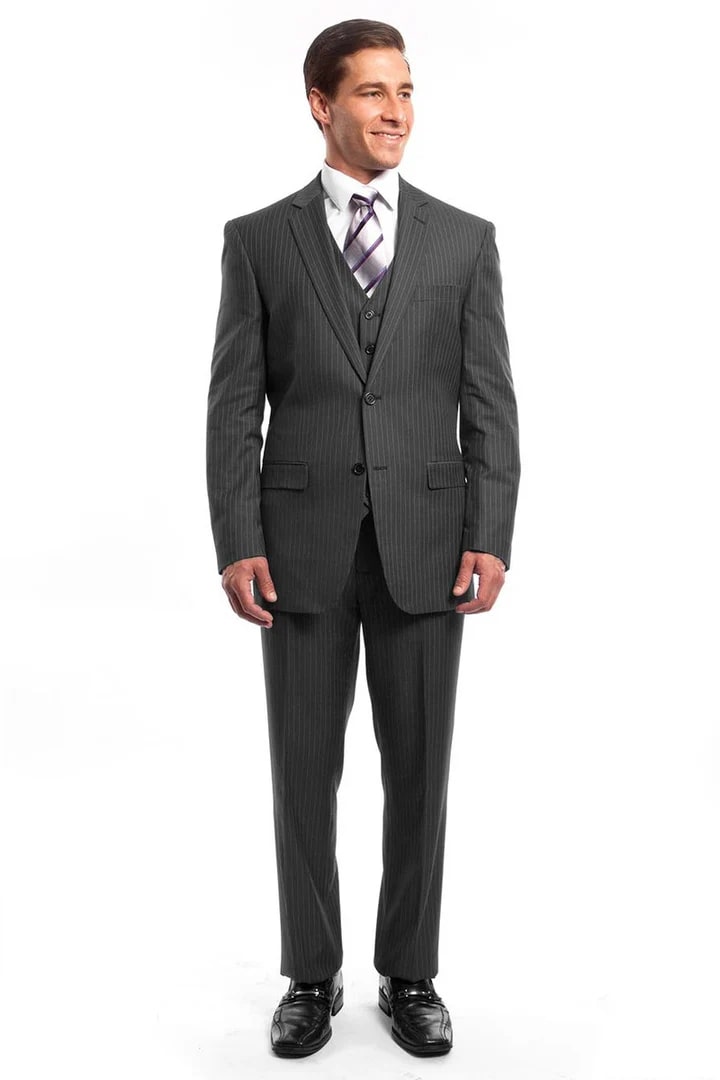 Cheap Priced Suit - Men's Two Button Vested Business Grey Pinstripe Suit - 38 Short Jacket+32 Waist Adjustable 28to34)(Height: 5 4 to5 7 )(Neck  15-16.5)S-M)
