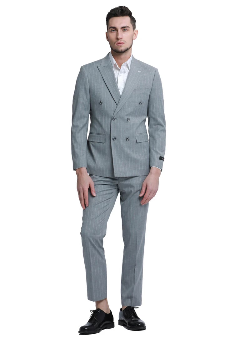 Cheap Suit - Men's Slim Fit Double Breasted Bold Gangster Pinstripe Grey Suit