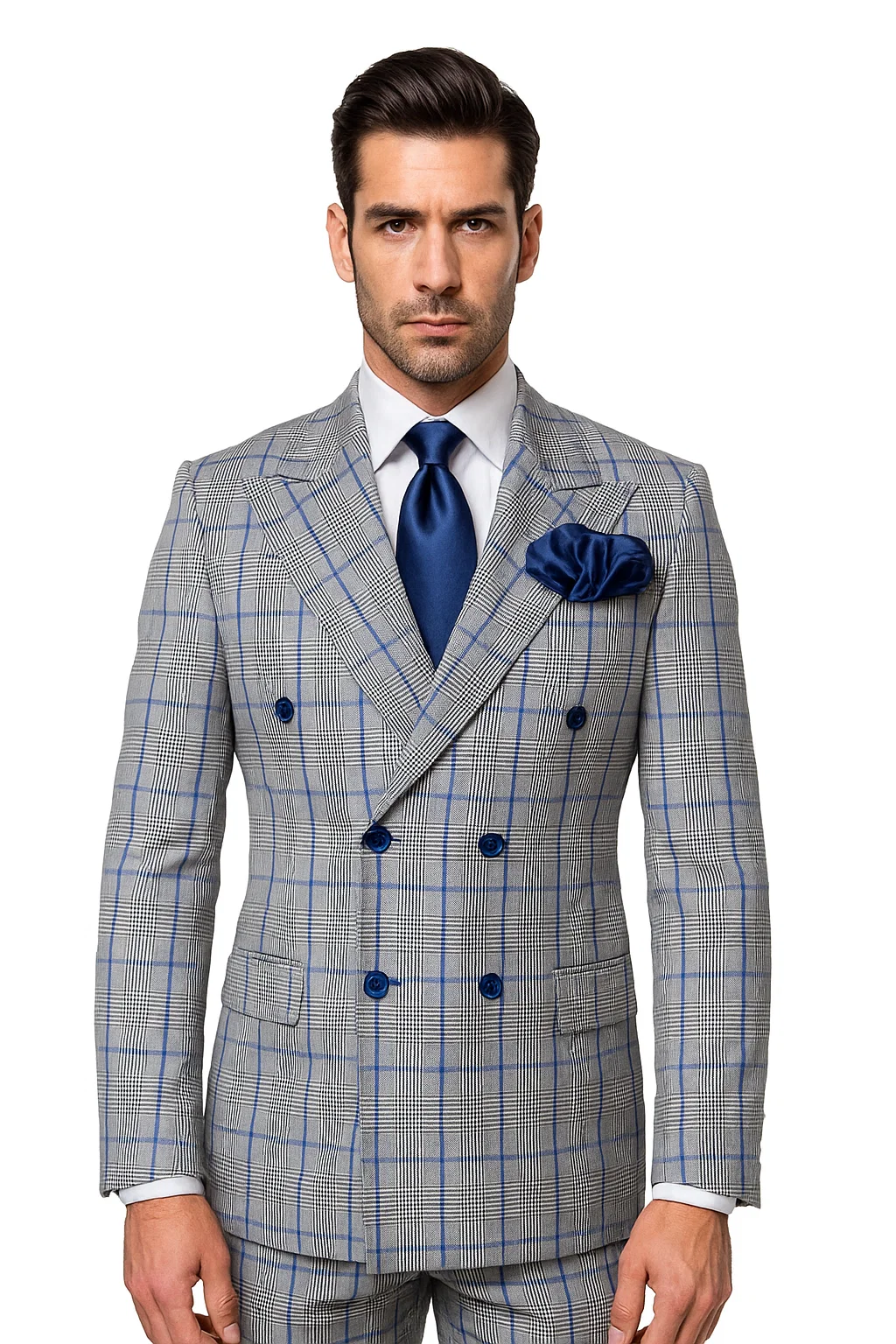 Suits With Baggy Pleated Pants - Wide Leg Pants 100% Wool - Classic Fit in Color Grey with Blue Plaid by Rossiman - 38 Regular