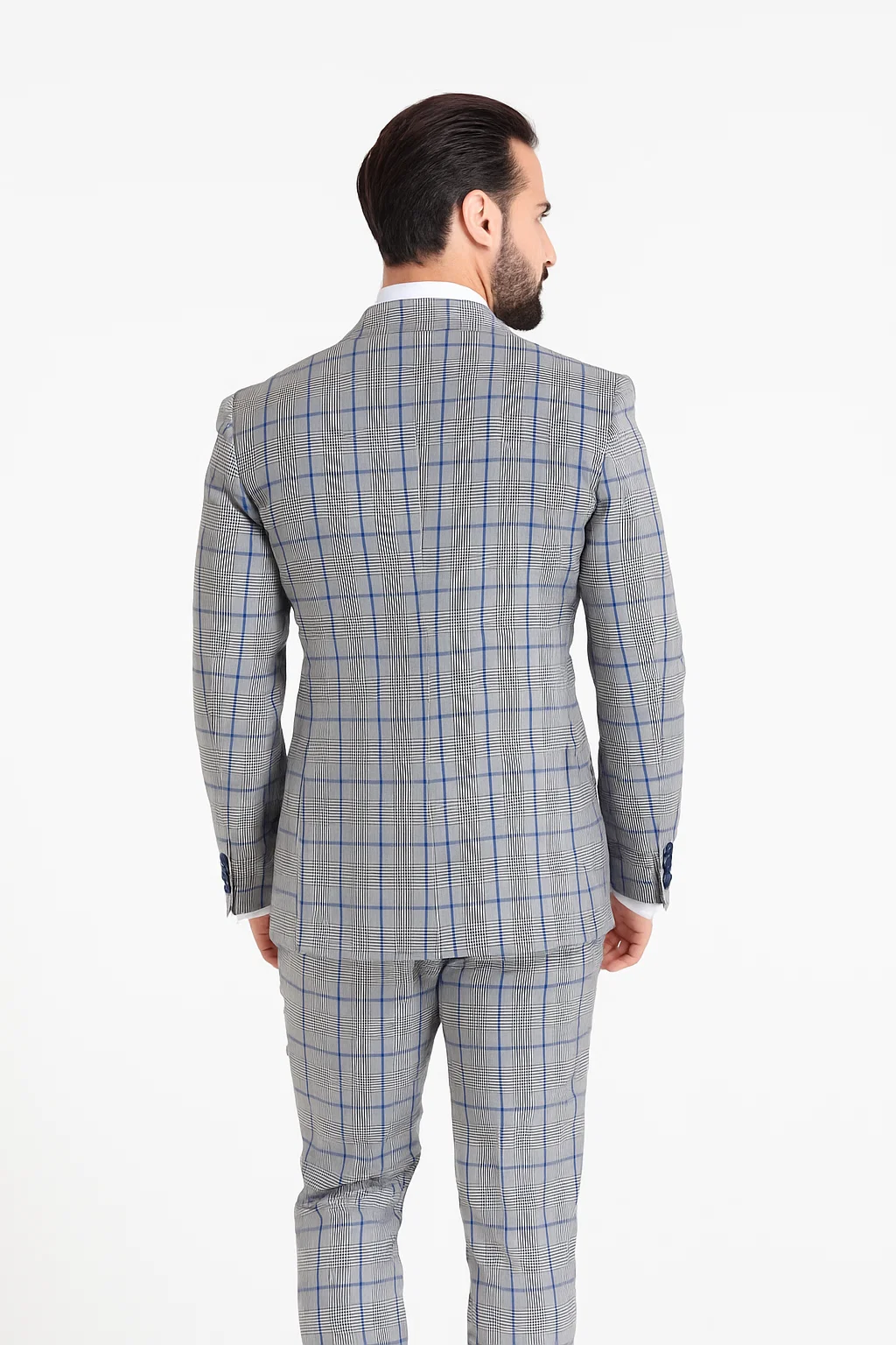 Suits With Baggy Pleated Pants - Wide Leg Pants 100% Wool - Classic Fit in Color Grey with Blue Plaid by Rossiman - 38 Regular